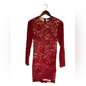 Floral Vintage Elegant Red Dress Long Sleeve Cocktail Dress.